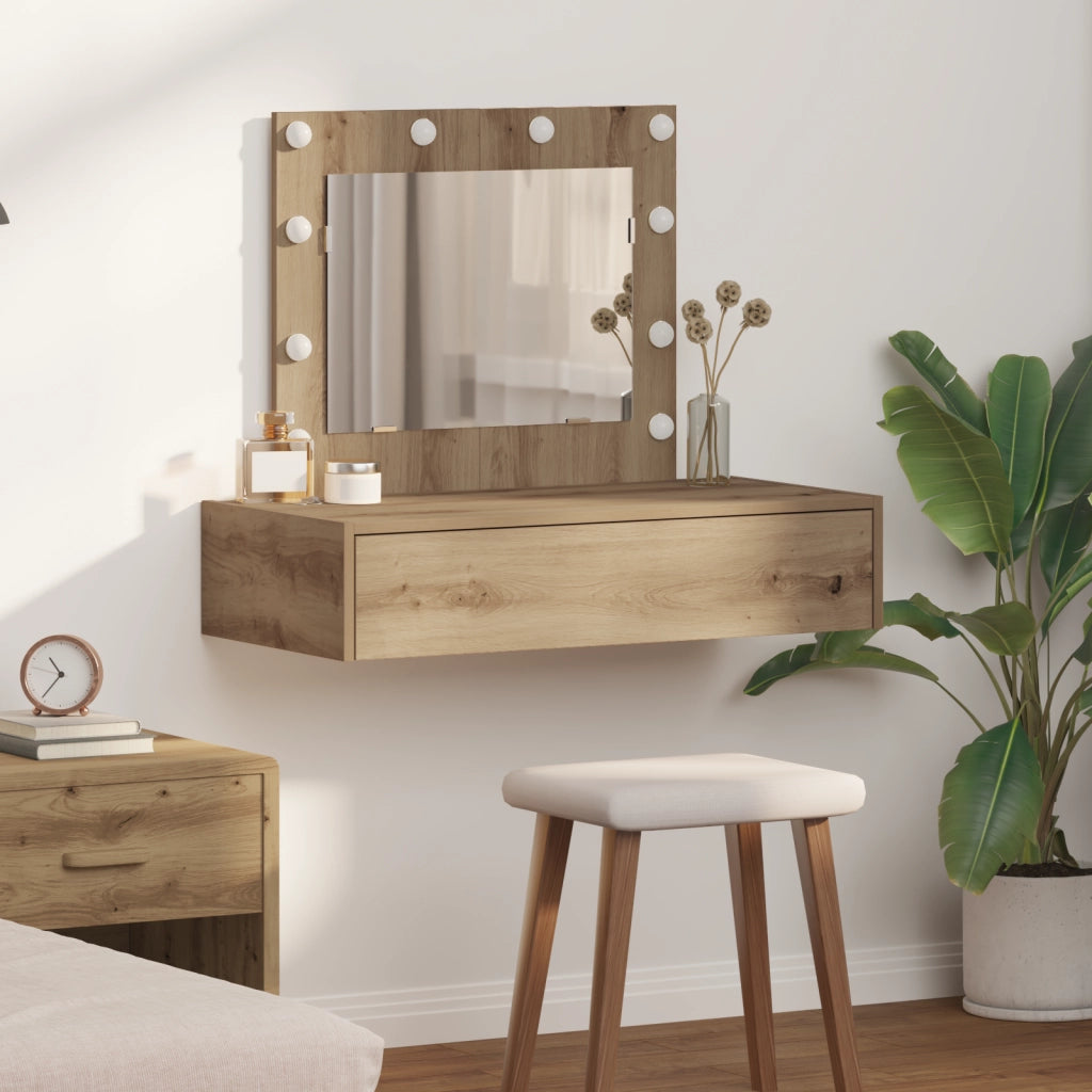 Tavolo trucco montato a parete con luci LED in rovere artigianale