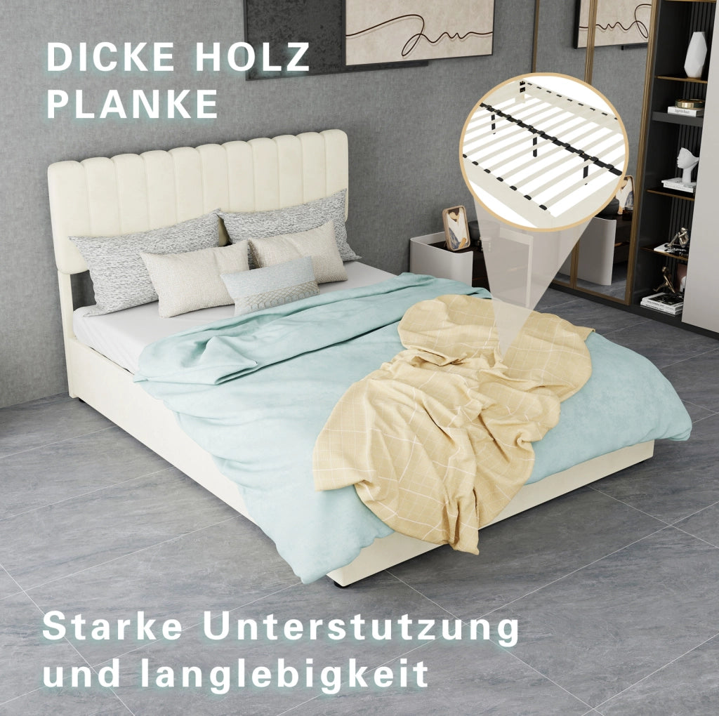 Letto imbottito 140x200 cm in velluto beige con materasso incluso
