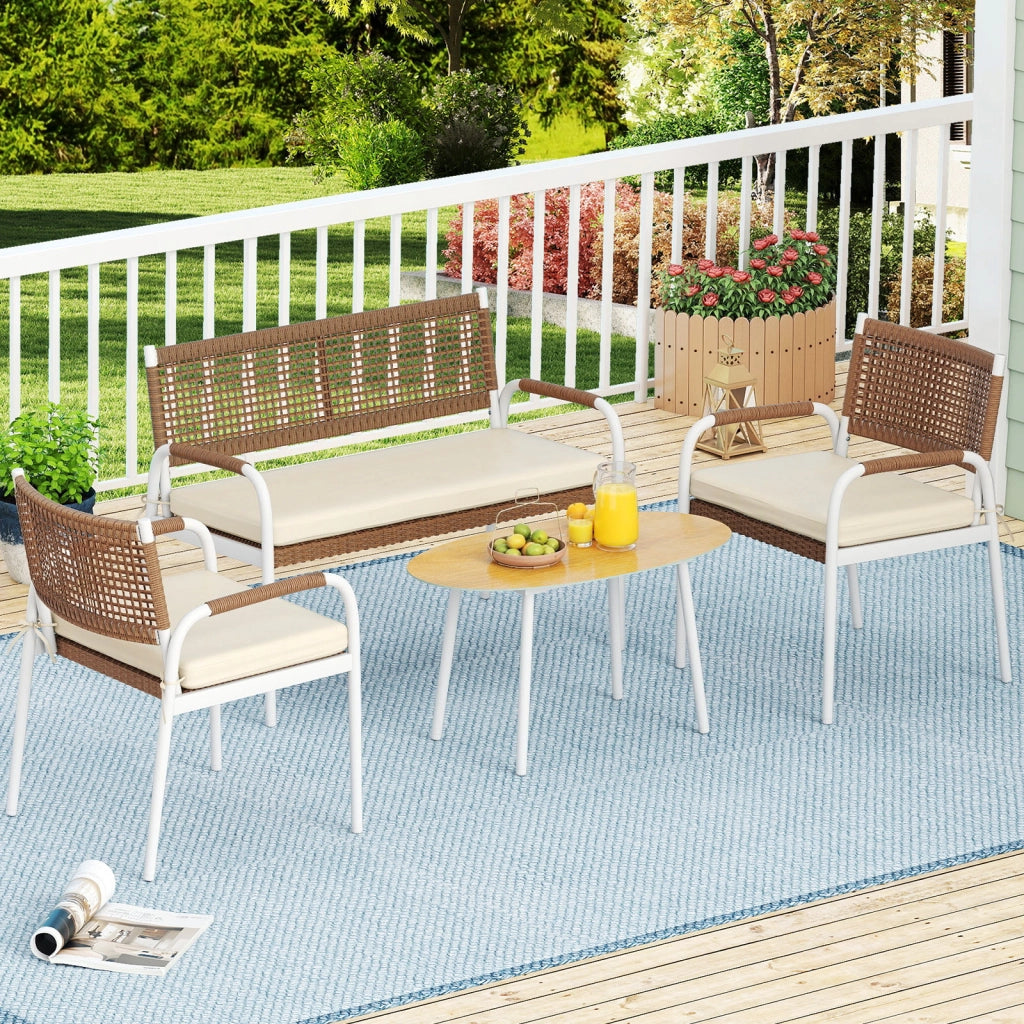 Set patio 4 pz divanetto rattan pe 2 poltrone cuscini morbidi, Set tavolo vetro temperato divani esterni balcone veranda giardino cortile