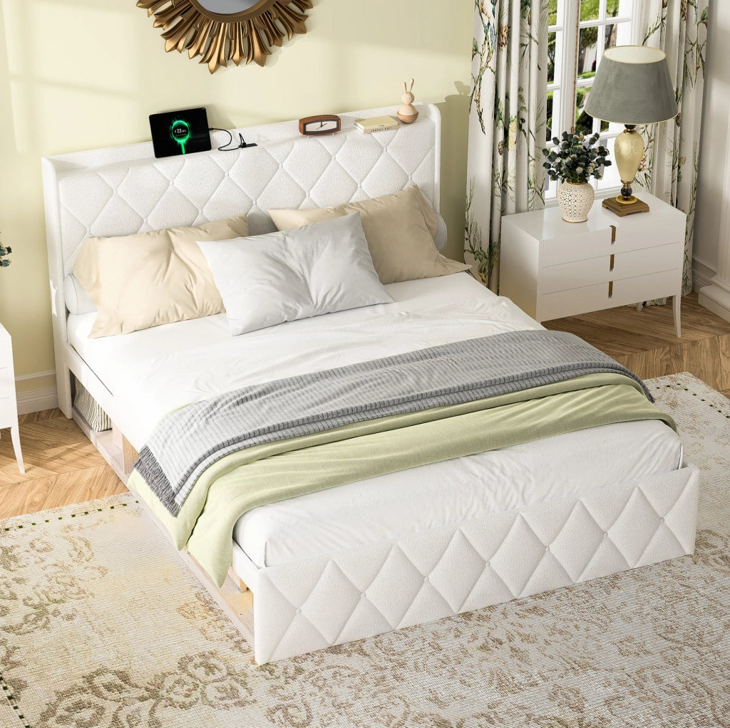 Letto imbottito 140x200 cm con LED; prese USB e ripiano in teddy bianco