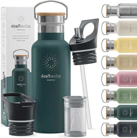 Fles Isolante a Vuoto Active Flask + Beccuccio (3 Bocchette) - Senza Alcol - 1 Litro/500 ml - Fles a Vuoto per Acqua - Attività Sportiva Fitness Bicicletta - Bambini Fiasco per Bere