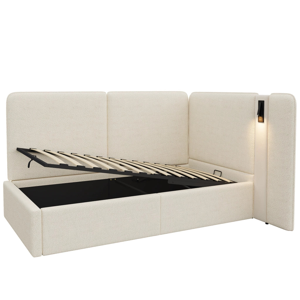 Letto imbottito 90x200 cm con contenitore idraulico; USB C e lampada da lettura; tessuto bouclé beige