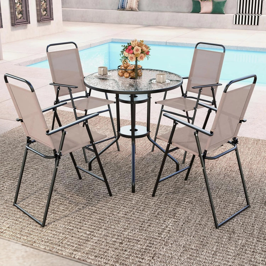 Set di 2 sedie pieghevoli per esterni, con schienale e braccioli, poggiapiedi e telaio in metallo, con tessuto traspirante, per balcone, terrazza, giardino, beige