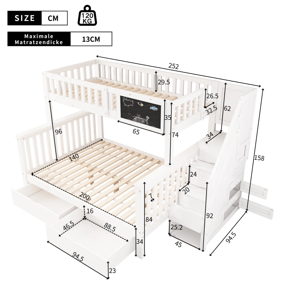 Letto a castello per bambini con lavagna e contenitori; bianco; in legno massello