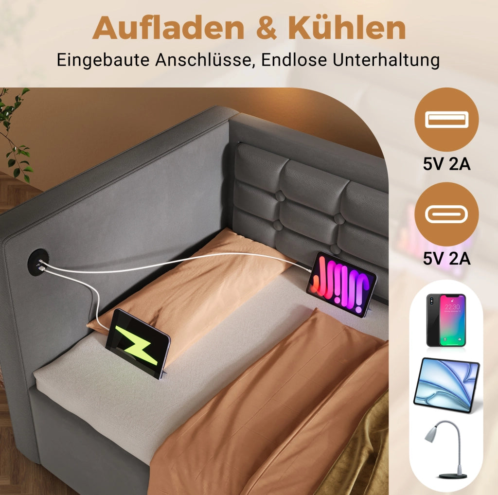 Divano letto con contenitore idraulico 90x200 cm in velluto grigio; con porta USB e Type-C