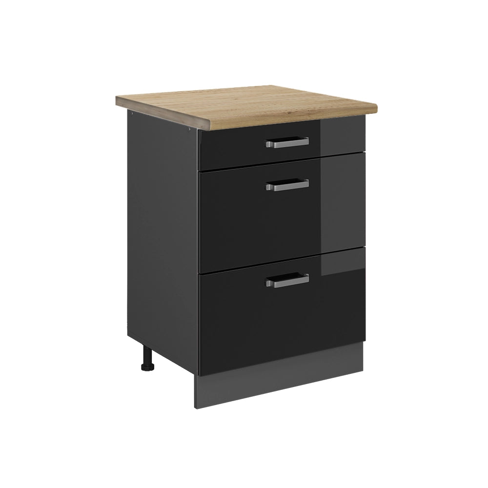 Vicco Mobiletto base per cucina Nero lucido 60 cm con cassetti, PL Rovere