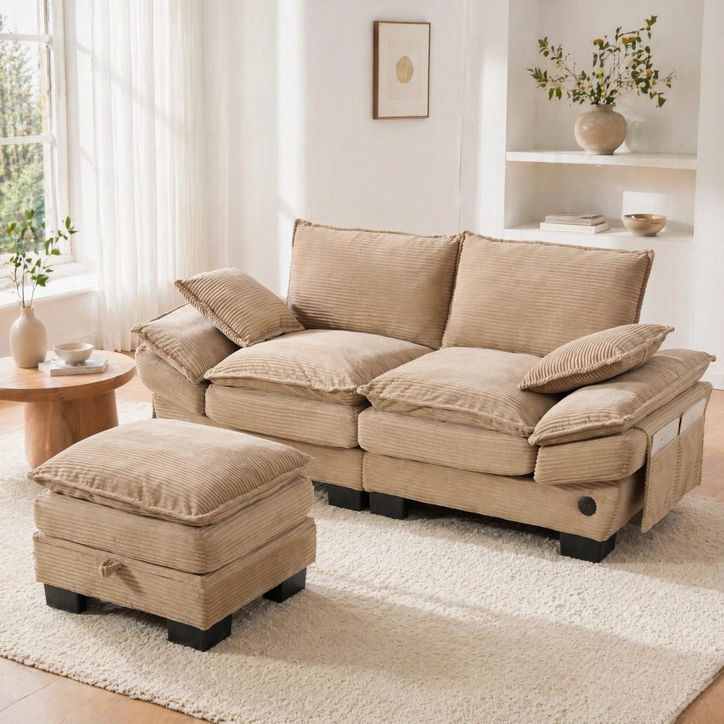 SOFA 2 posti con pouf 190x132x84 cm in tessuto corduroy khaki