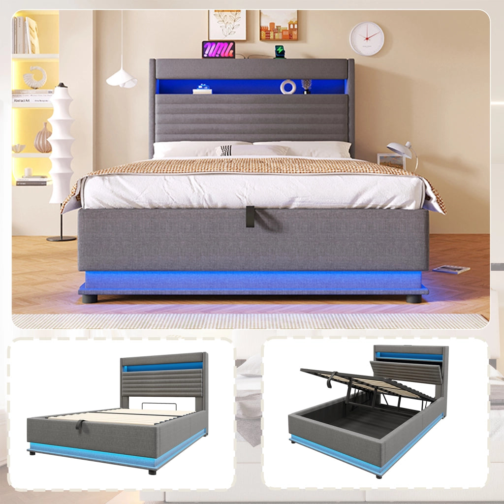 DESMIU Lit con contenitore 140 × 200 cm 2 posti con USB, Type-C, LED regolabile e senza materasso, in lino, grigio