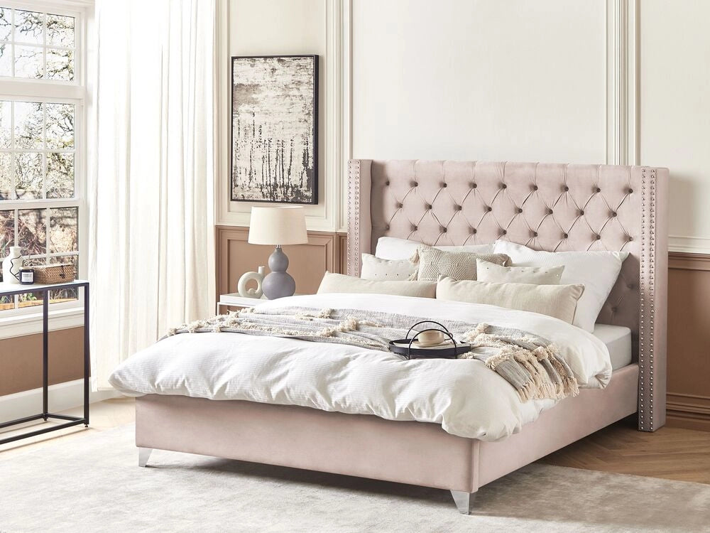 Letto a doghe velluto grigio imbottito trapuntato poggiatesta 180 x 200 cm stile glamour elegante