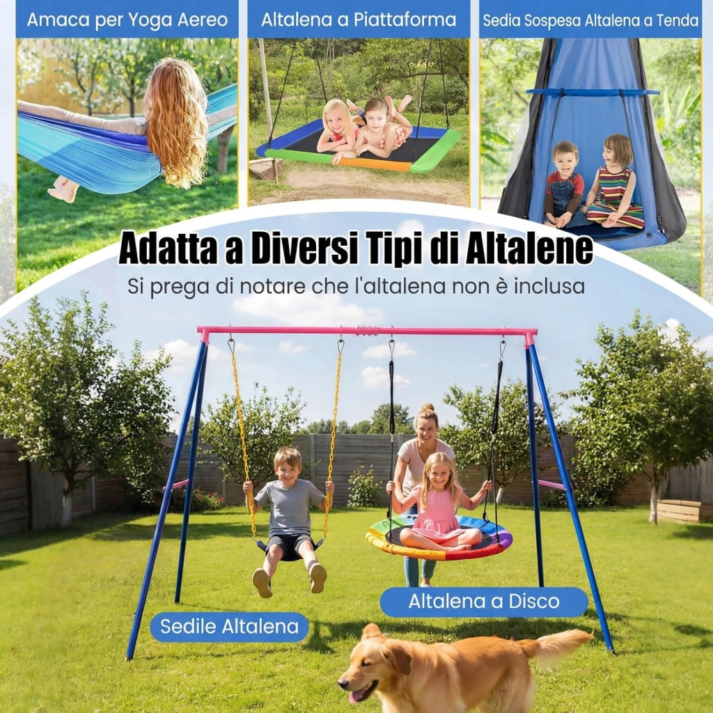 Set Altalena da Giardino per Bambini, Struttura di Metallo ad A con 1 Sedile in EVA Morbido e 1 Altalena Nido, Capacità 300 kg, Ideale per Giardino Parco Giochi (Rosso+Blu, Altalena+Supporto)