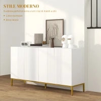 Credenza Moderna a 4 Ante con Chiusura Ammortizzata e Mensole Regolabili, 140x40x75cm, Bianco e Oro
