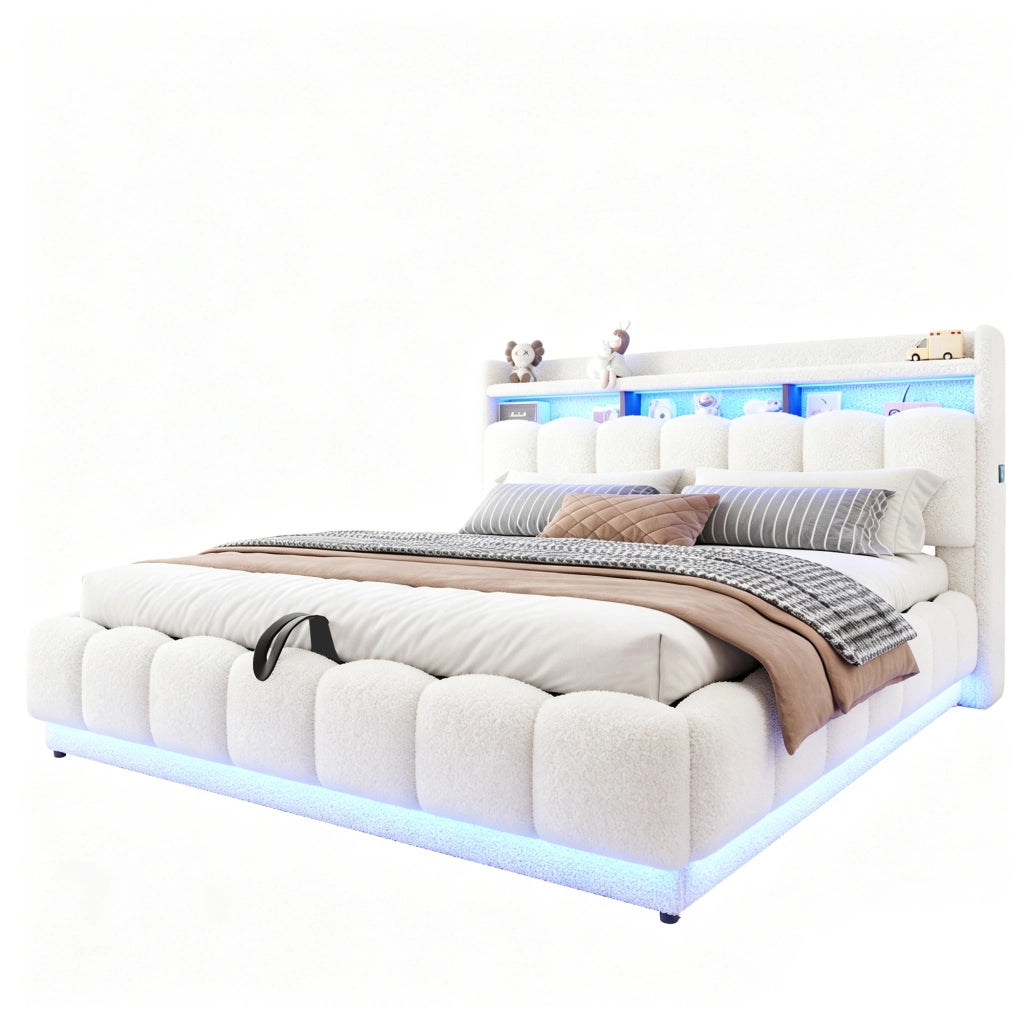 DESMIU Letto contenitore 180 × 200 cm 2 posti con LED, USB e presa, senza materasso, in tessuto bouclé, bianco