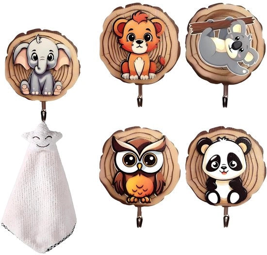 Hanger per bambini 5 pezzi - Autoadesivo - In legno - Per animali - Hanger per abbigliamento - Massimo carico 2,5 kg - Hanger per parete