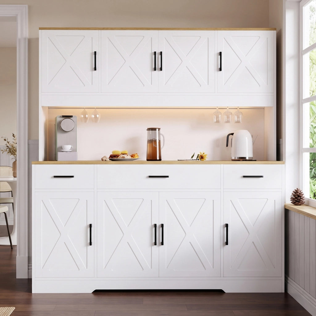 Credenza alta da cucina LED con 2 portabicchieri; ripiani regolabili; prese e USB; bianca; 150 × 40 × 180 cm