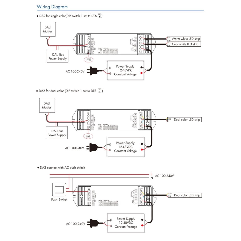 Dimmer DALI 2 Canali, 2X10A@12V/24V, 2X8A@36V/48V, Dimmerabile Con Pulsante NO, Push Dim, DALI-2, PWM, DT6 DT8 per Strisce LED Monocolore CCT