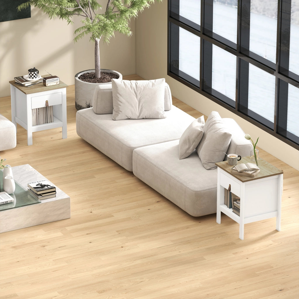 Set 2 Comodini con Cassetto e Ripiano Aperto 45x40x55 cm in Legno Bianco e Rovere