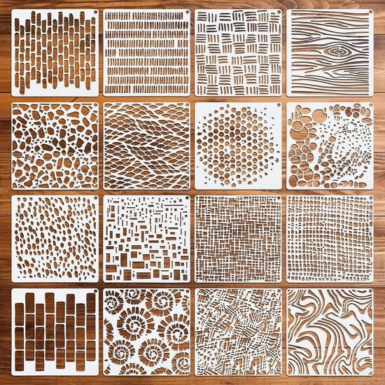 Set di 16 stencil di stratificazione riciclabili per pittura e mixed media - stencil d'arte per carte, disegni, decorazione di parete su tela - stencil di testura creativa
