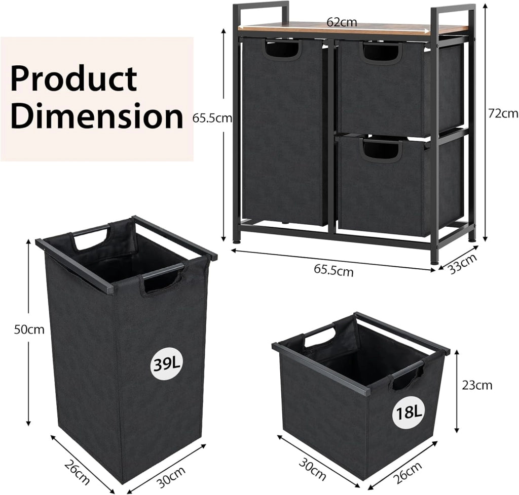Cesto porta biancheria freestanding, Cestino porta biancheria con 3 sacchi rimovibili, Ampio piano, Mobile salvaspazio per biancheria sporca con 3 ceste per lavanderia, camera, bagno