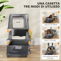 Lettiera per Gatti Chiusa 63x43x43 cm Capacità da 80L con Vassoio Estraibile in ABS e Acciaio Inox Grigio Scuro