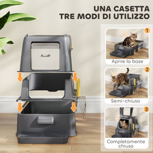 Lettiera per Gatti Chiusa 63x43x43 cm Capacità da 80L con Vassoio Estraibile in ABS e Acciaio Inox Grigio Scuro