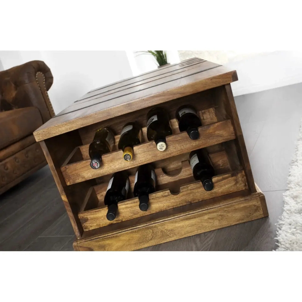 Tavolino da salotto baule TRESORO 100 cm in legno massello di Sheesham con porta bottiglie