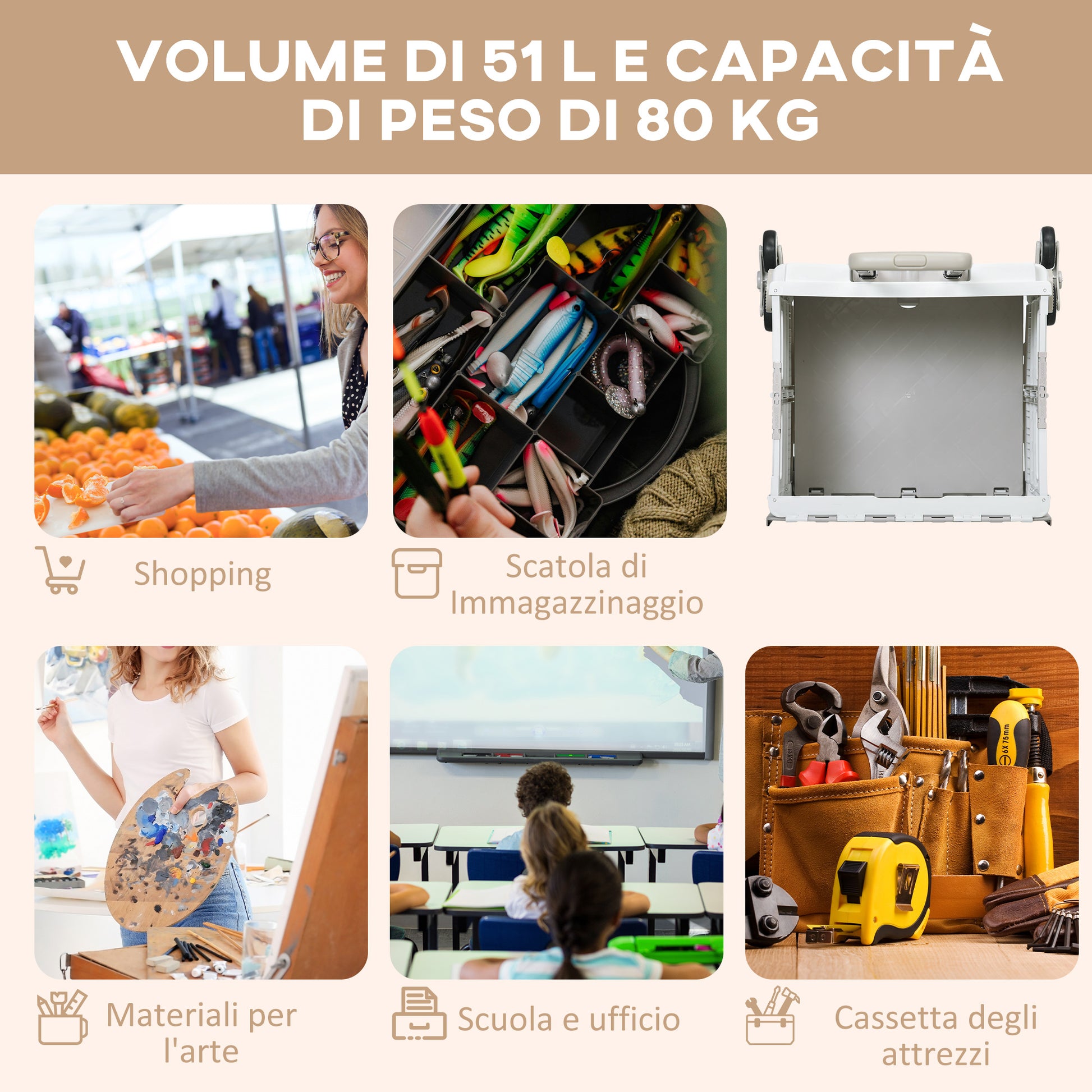 Carrello per Spesa Pieghevole con RuoteSaliscale in Alluminio Bianco