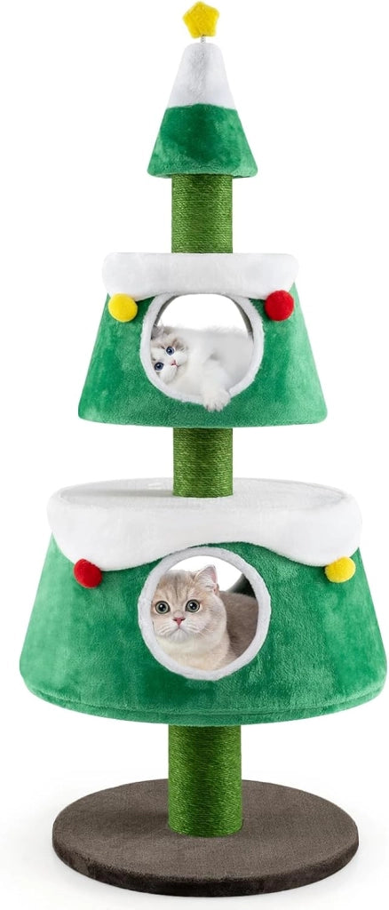 Albero di Natale per Gatti da Interno, Tiragraffi per Gatti Alta 153 cm con 2 Condomini, Giocattolo a Molla e Letti Rimovibili, Mobile per Animali per Decorazioni Natalizi (70 x 70 x 153 cm)