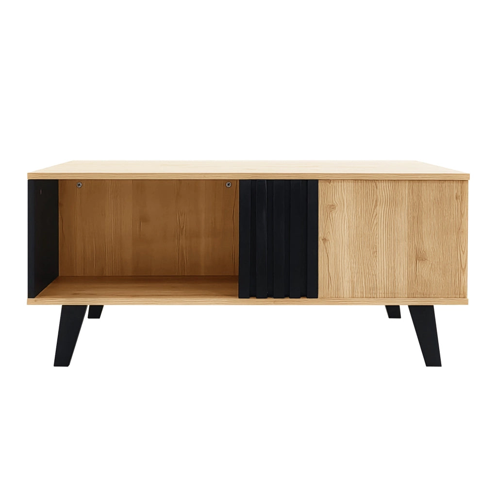 Tavolino da salotto 100x60x45 cm con 3 vani; vetro e pannello truciolare naturale e nero