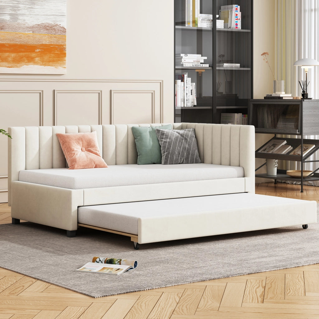 OKWISH Letto a Divano 90×200 cm, Letto Singolo con Letto Estraibile, Testiera Imbottita e Rete a Doghe, senza Materasso, Beige