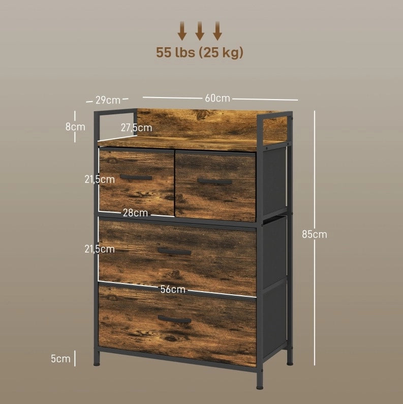 Cassettiera ULEVR 60x29x85 cm con 4 cassetti in tessuto e ripiano superiore, marrone rustico e nero