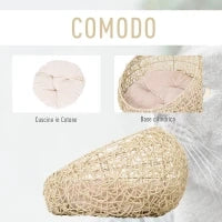Cuccia per Gatti e Animali Domestici, Cesta in Rattan Beige con Cuscino in Cotone (Ф56 x 35 A cm)