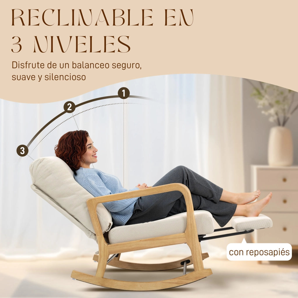 Poltrona a Dondolo con Poggiapiedi e Schienale Aggiustabile ¨C Zephmum ¨C Velluto Crema e Gambe in Legno