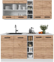 Cucina completa R-Line, Quercia dorata/bianco, 160 cm PL Marmo, con disposizione flessibile dei moduli ed espandibile