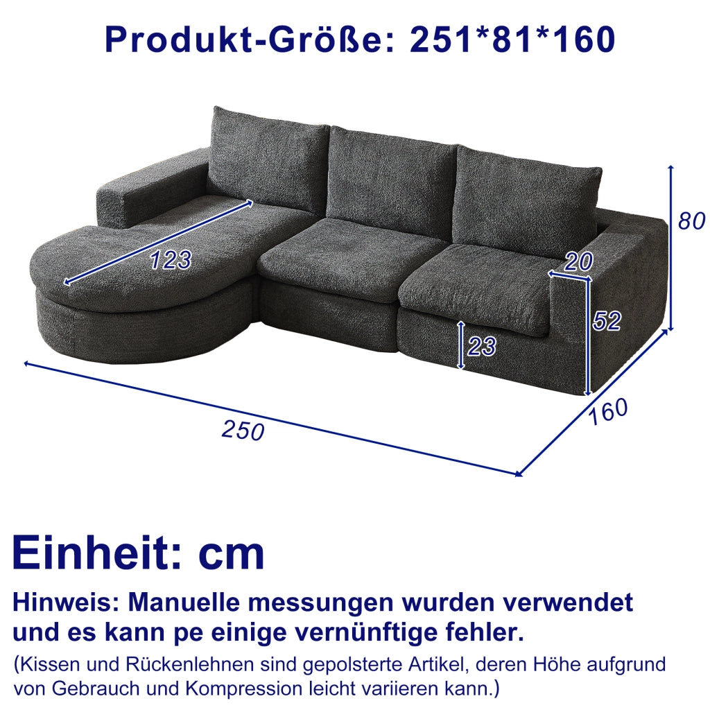 Divano modulare con chaise longue reversibile e cuscini poggiacollo senza montaggio comfort in ciniglia grigio