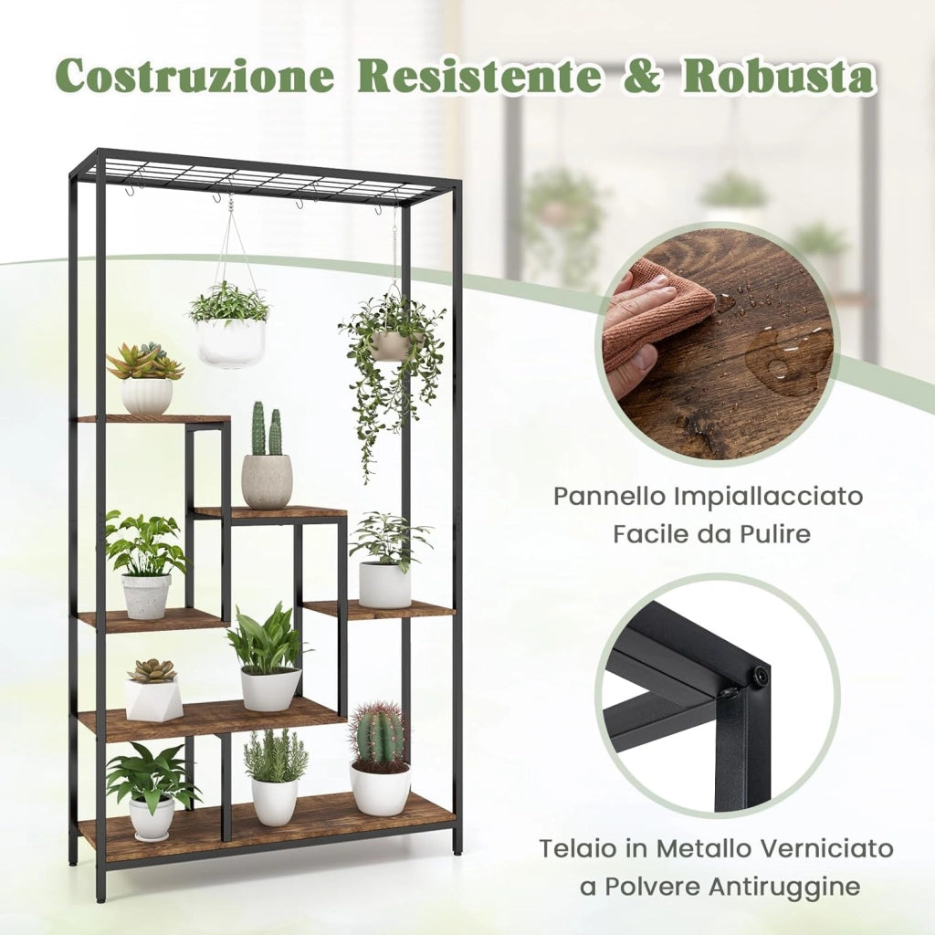 Scaffale Porta Piante a 6 Livelli, Scaffale per Fiori in Metallo da Interno con 10 Ganci e Ripiani per Piante, Porta Vasi da Balcone e Soggiorno, Nero