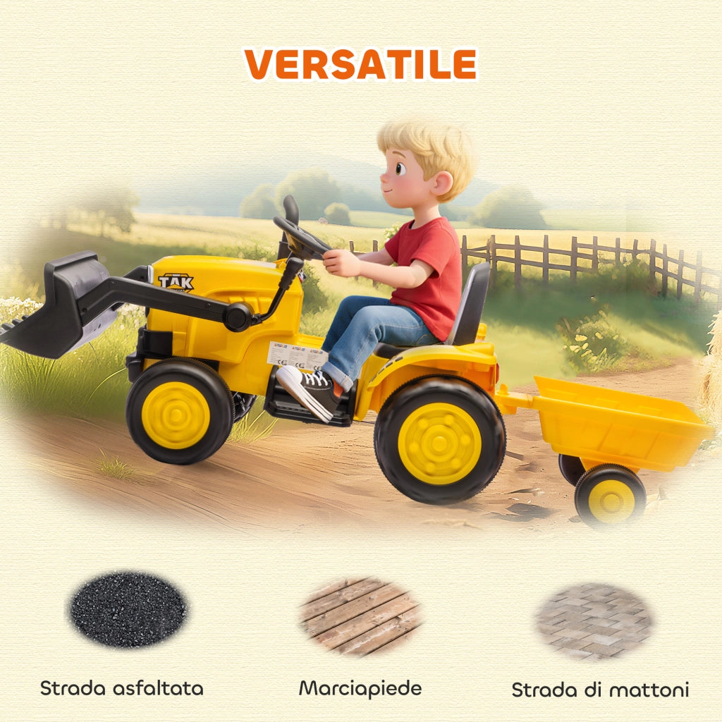 Escavatore per Bambini Elettrico 12V con Benna Rimorchio e Telecomando Età 3-8 Anni Giallo