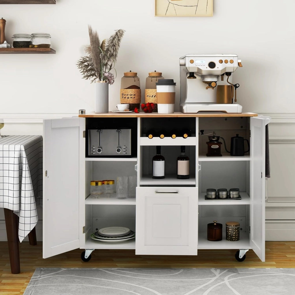 Isola cucina mobile con piano di lavoro, carrello da cucina con cassetto, portabottiglie e 2 armadi porta, carrello da portata con ruote, carrello in legno per isola cucina, 130 x 45 cm
