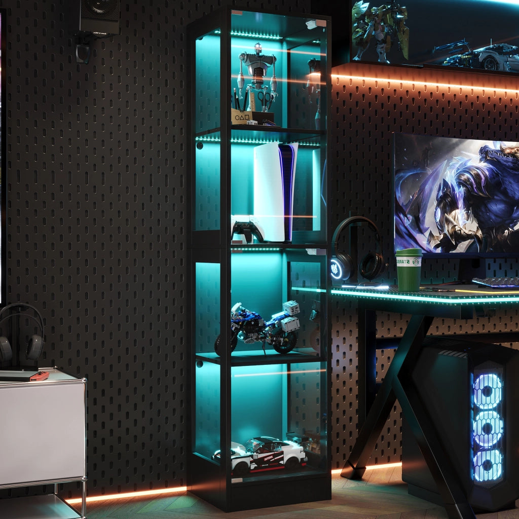Vetrina Espositiva con LED ¨C MINIMAL ¨C Nero, Vetro Temperato, 4 Ripiani, 40x35x170