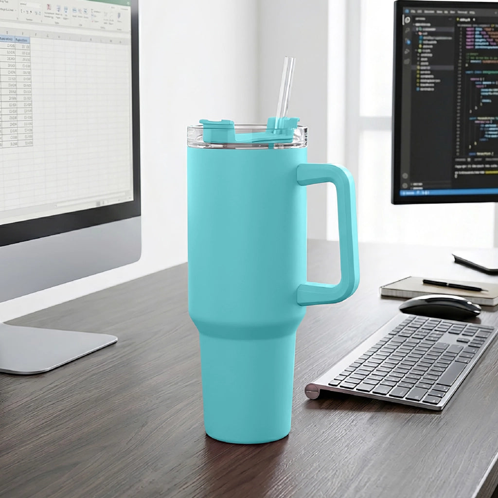 Borraccia Termica Americana 1200 ml in Acciaio Inox Doppio Strato Sottovuoto con Cannuccia e Manico – Smalto Antigraffio, Isolamento Caldo/Freddo, Coperchio Ermetico Azzurro