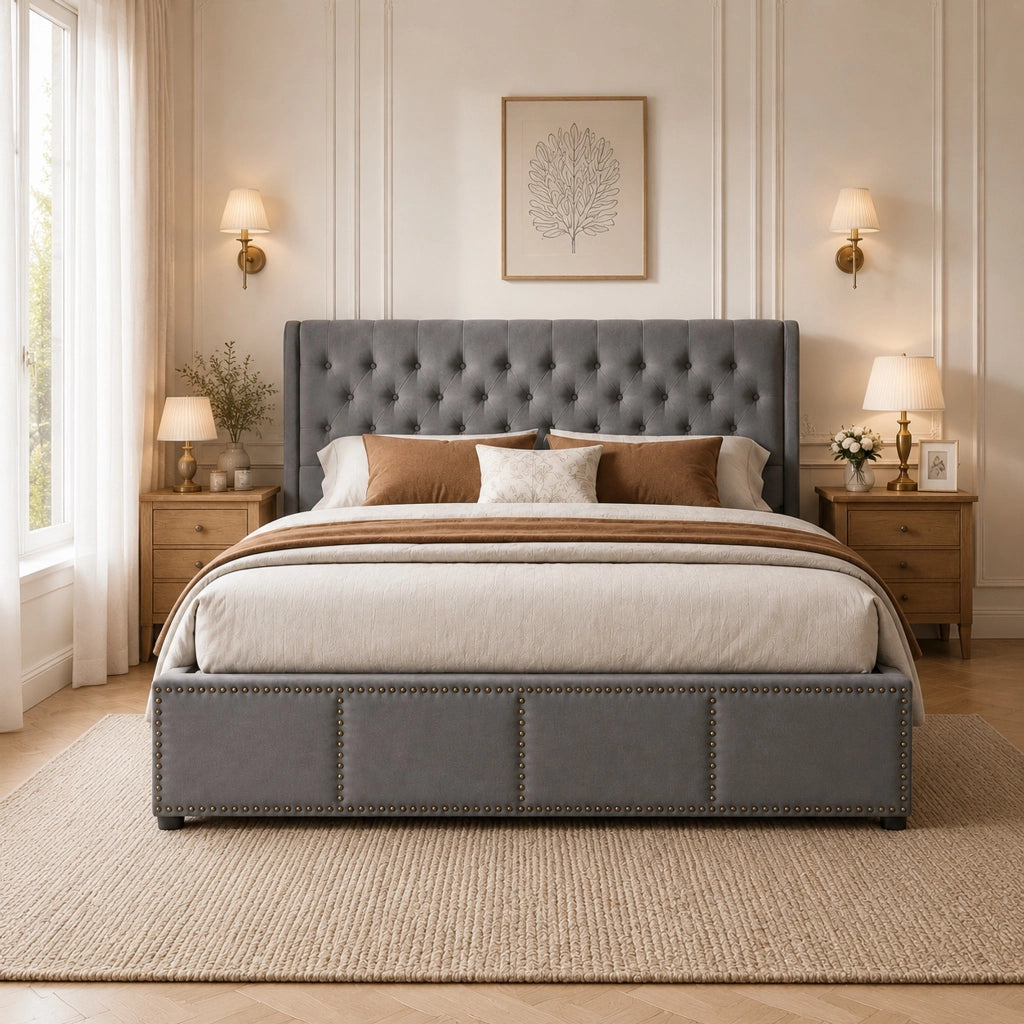 Letti contenitori 140x190 cm con contenitore; dettagli con rivetti; velluto grigio (Senza materasso)