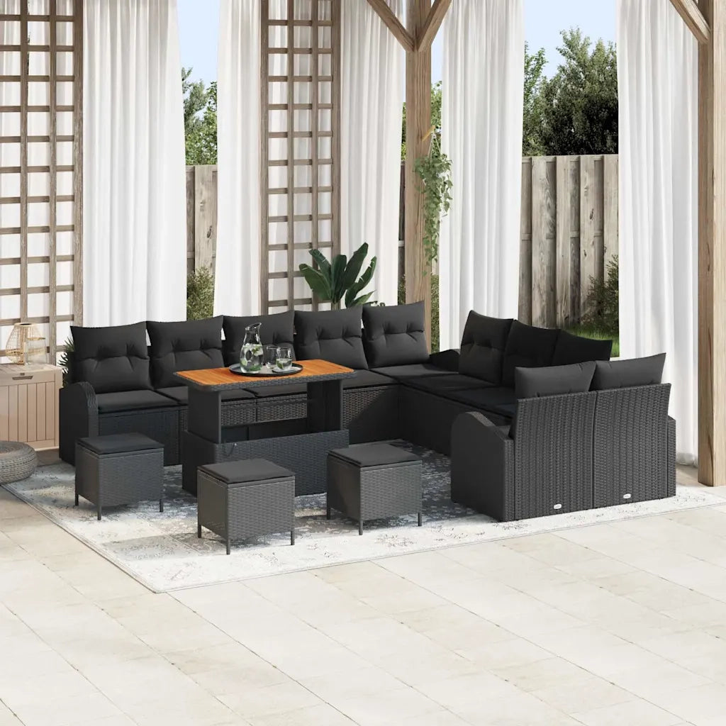 Set Divano da Giardino con cuscino 14 pcs Nero polyrattan