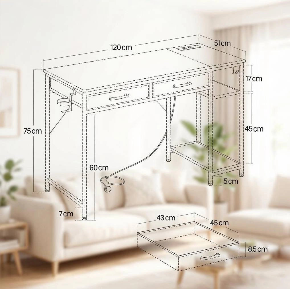 Scrivania ULEVR 120x51x75 cm con 2 cassetti in tessuto, ripiano laterale, prese USB e Type-C, bianca