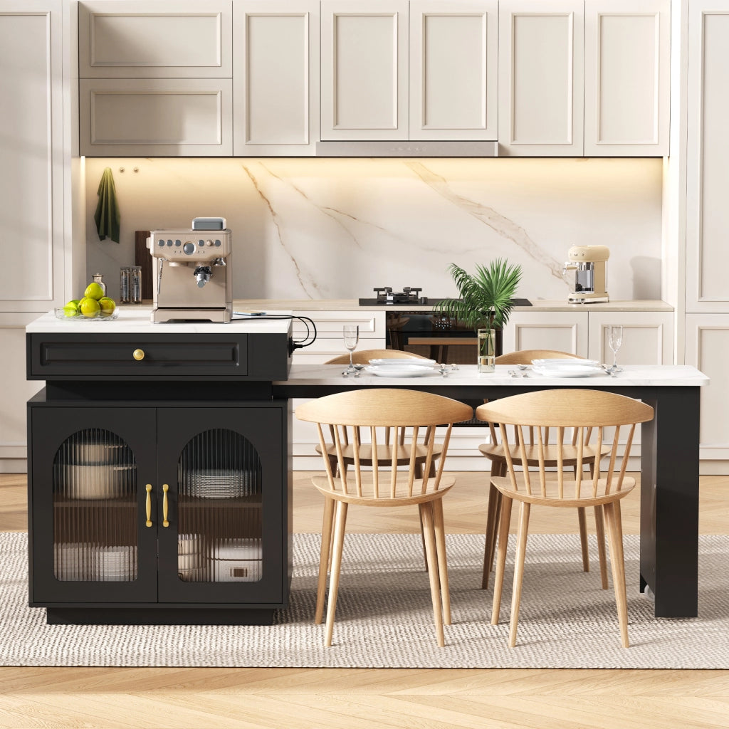 Tavolo da pranzo - isola cucina su ruote - estraibile con LED - bar con prese - nero - anta e sideboard