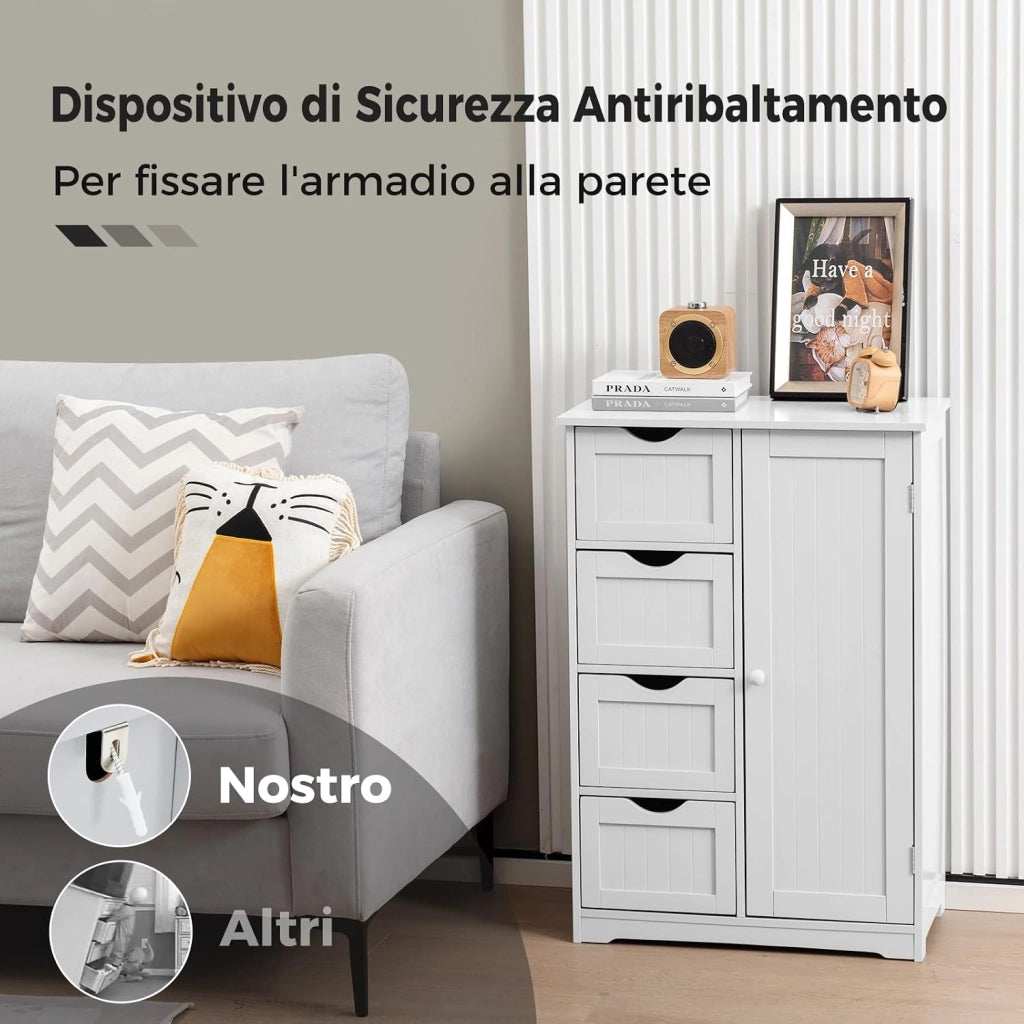 Mobiletto da Pavimento per Bagno con 4 Cassetti e 1 Anta, Mobile Multiuso con Ripiano Regolabile, Mobile da Terra in Legno per Soggiorno, Bagno, 56 x 30 x 82 cm (Bianco)
