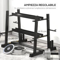 Rastrelliera per Manubri in Acciaio con 4 Aste Regolabili per Pesi e Kettlebell, 131x75x80 cm, Nero