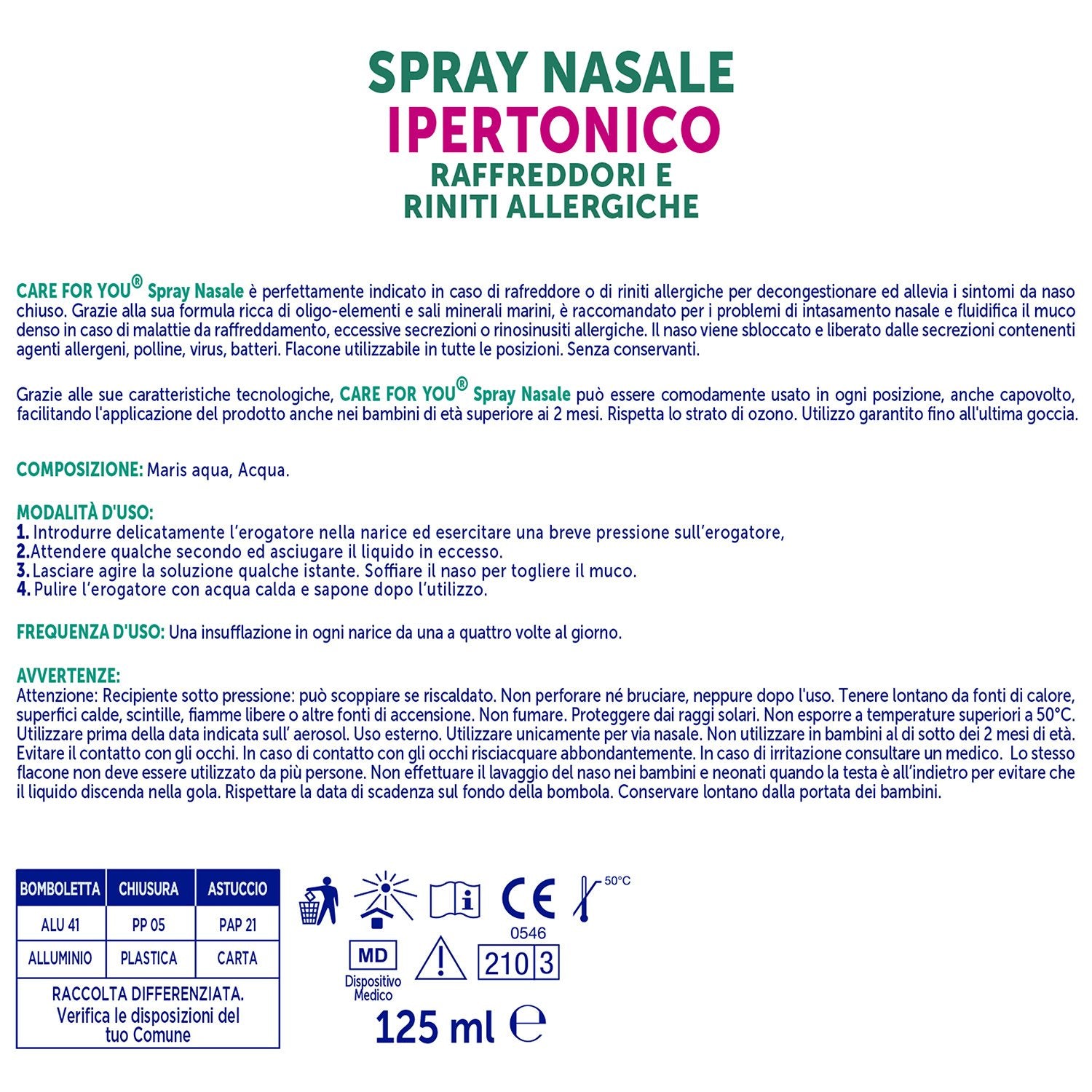 CARE for You Spray Nasale Ipertonico Nebulizzato, con Acqua di Mare Ricca di Oligoelementi, per la Pulizia Quotidiana del Naso, 125ml