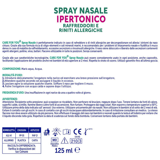 CARE for You Spray Nasale Ipertonico Nebulizzato, con Acqua di Mare Ricca di Oligoelementi, per la Pulizia Quotidiana del Naso, 125ml