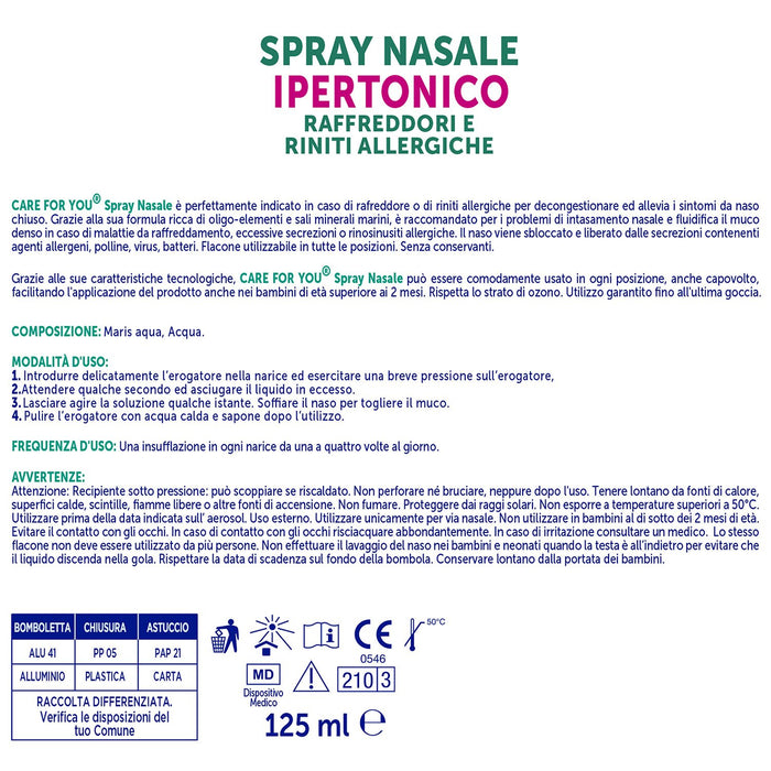 CARE for You Spray Nasale Ipertonico Nebulizzato, con Acqua di Mare Ricca di Oligoelementi, per la Pulizia Quotidiana del Naso, 125ml