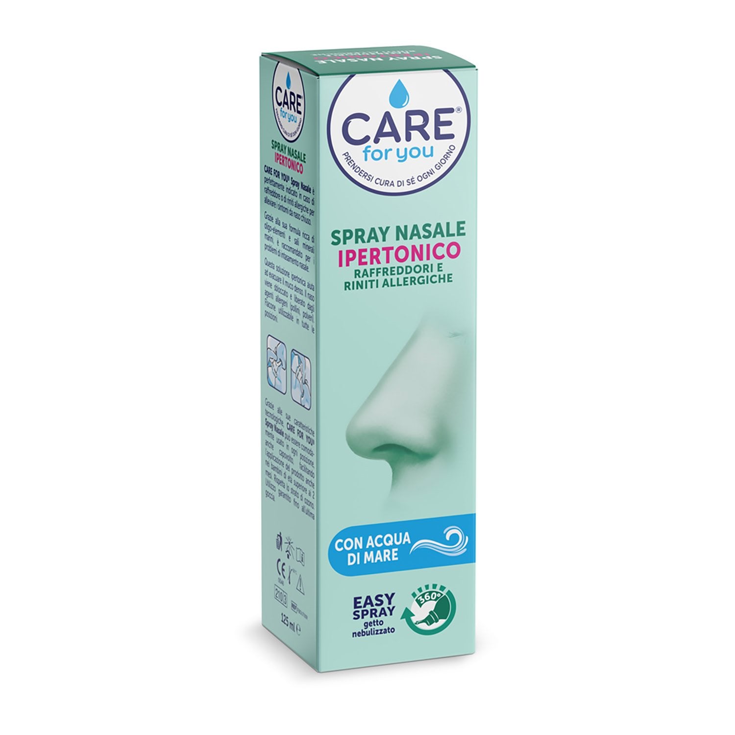 CARE for You Spray Nasale Ipertonico Nebulizzato, con Acqua di Mare Ricca di Oligoelementi, per la Pulizia Quotidiana del Naso, 125ml