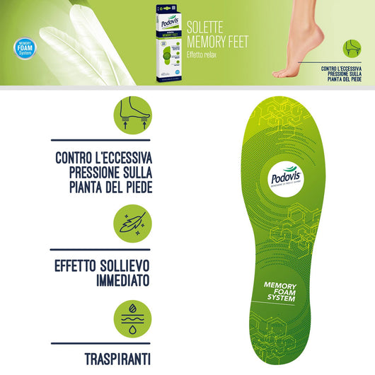 Solette Memory Feet, Solette in Memory Foam, Solette Comfort, Sensazione di Sollievo, Ottima Traspirabilità, Taglia Unica 24-45cm, Podovis